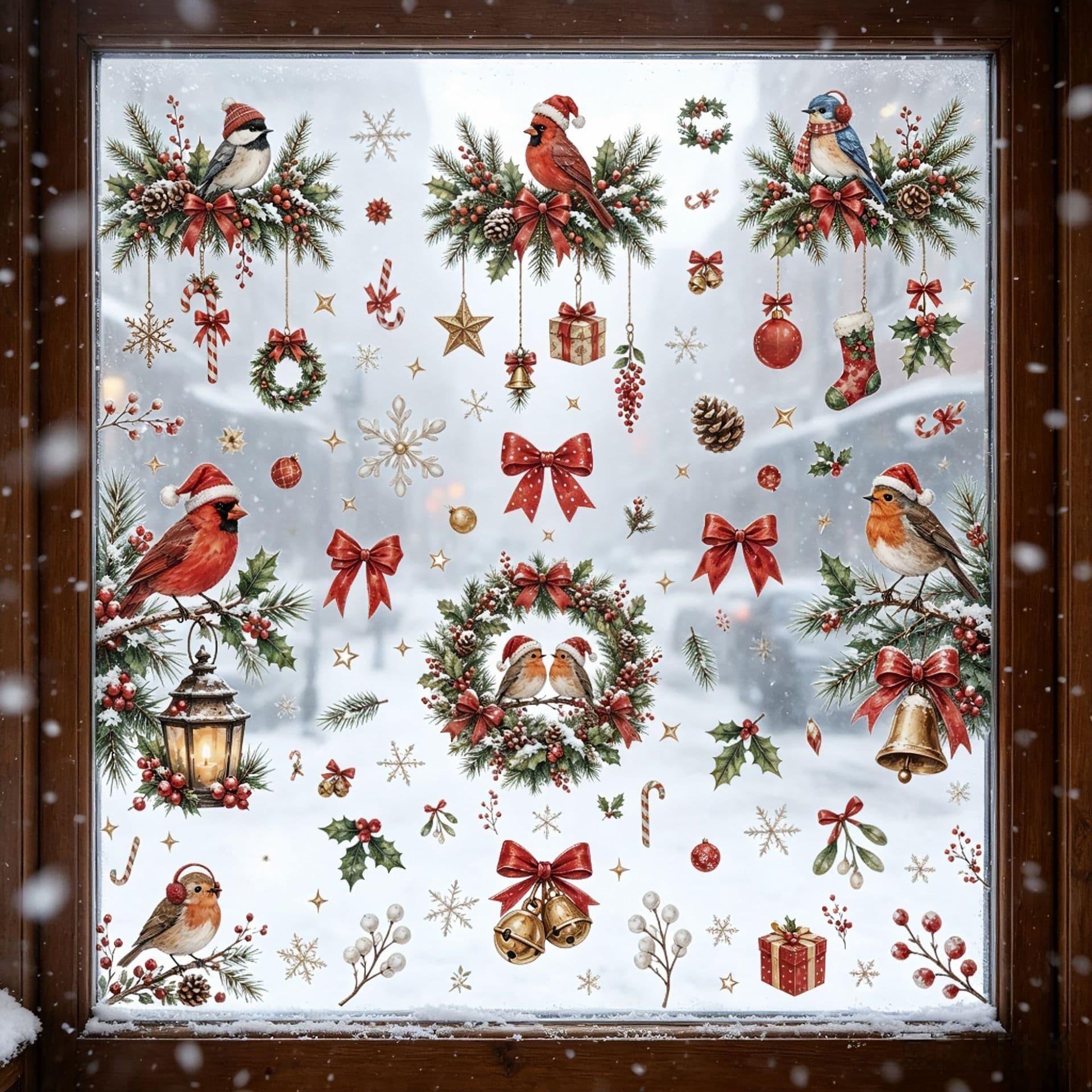 Christmas Decoration Bird on Branch Creative Window Sticker Christmas Window Atmosphere Arrangement Wreath Pine Branch Static Cling