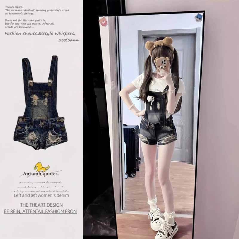 Spring and autumn new style distressed denim suspender shorts women's design retro age-reducing hot girl one-piece shorts