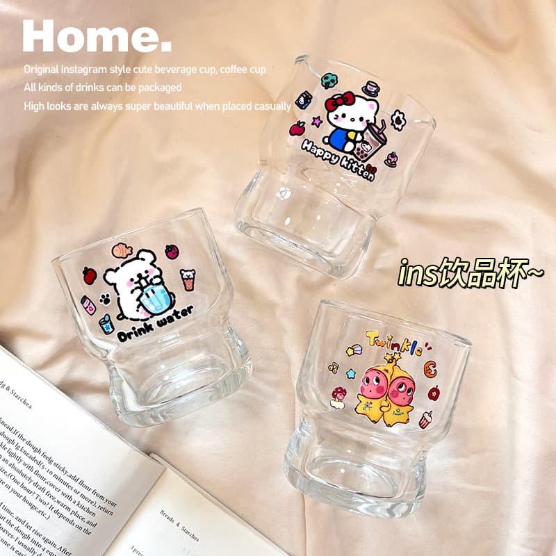 Ins Glass Coffee Cup Premium Creative Cartoon Home Water Cup for Women Students Iced Americano Milk Cup