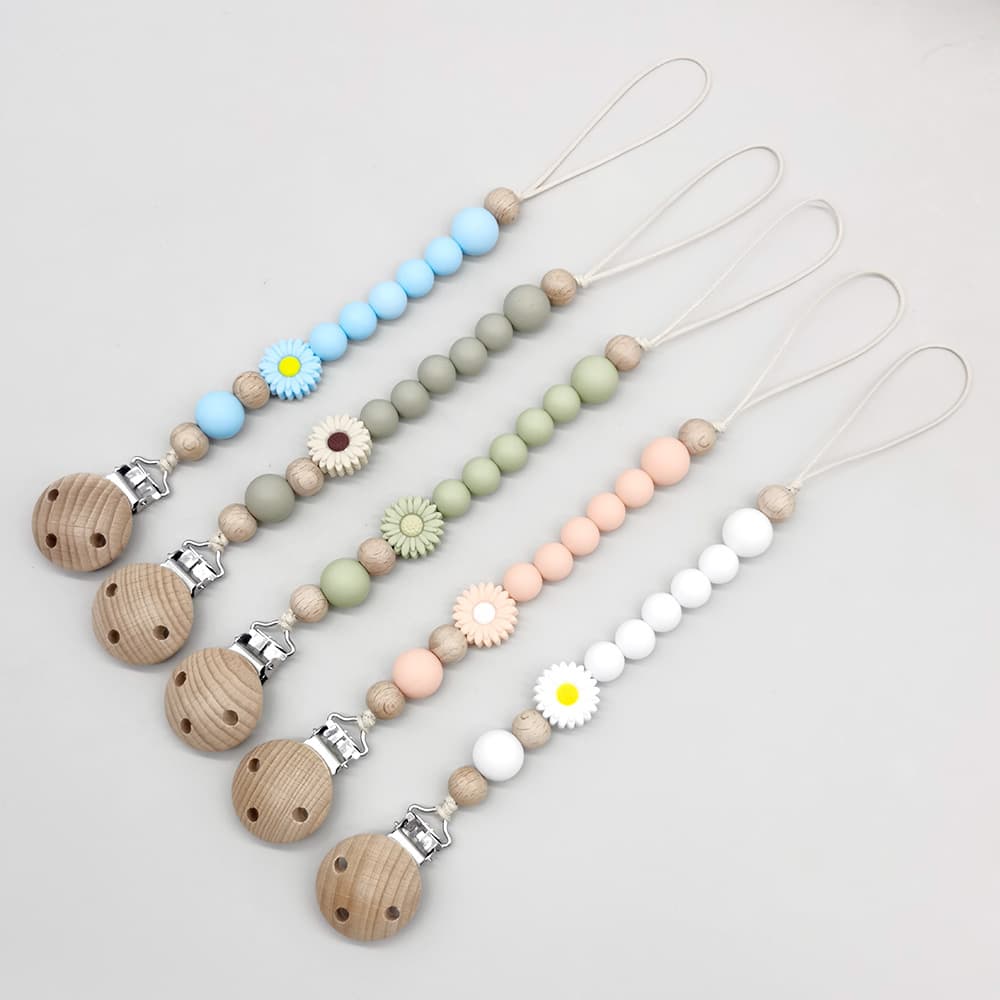 Cross-border infant beech silicone pacifier chain Cartoon daisy beads soothing baby pacifier chain to prevent falling off