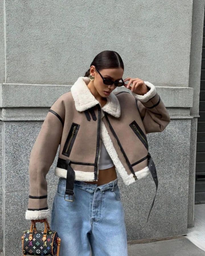 European and American Style 2024 Fall/Winter New Double-Sided Short Jacket, Sheepskin Lined Warm Long-Sleeve Comfortable Coat Leather Jacket for Women