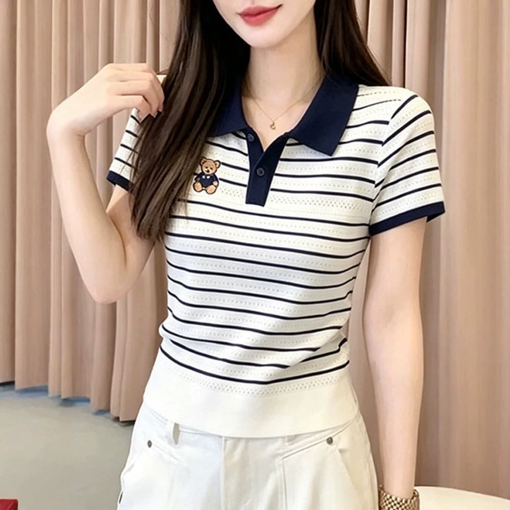In Stock Bear Embroidery Top Women's Summer Thin Fabric Belly Cover Hollow Out Short Sleeve T-Shirt Casual Slim Simple Top
