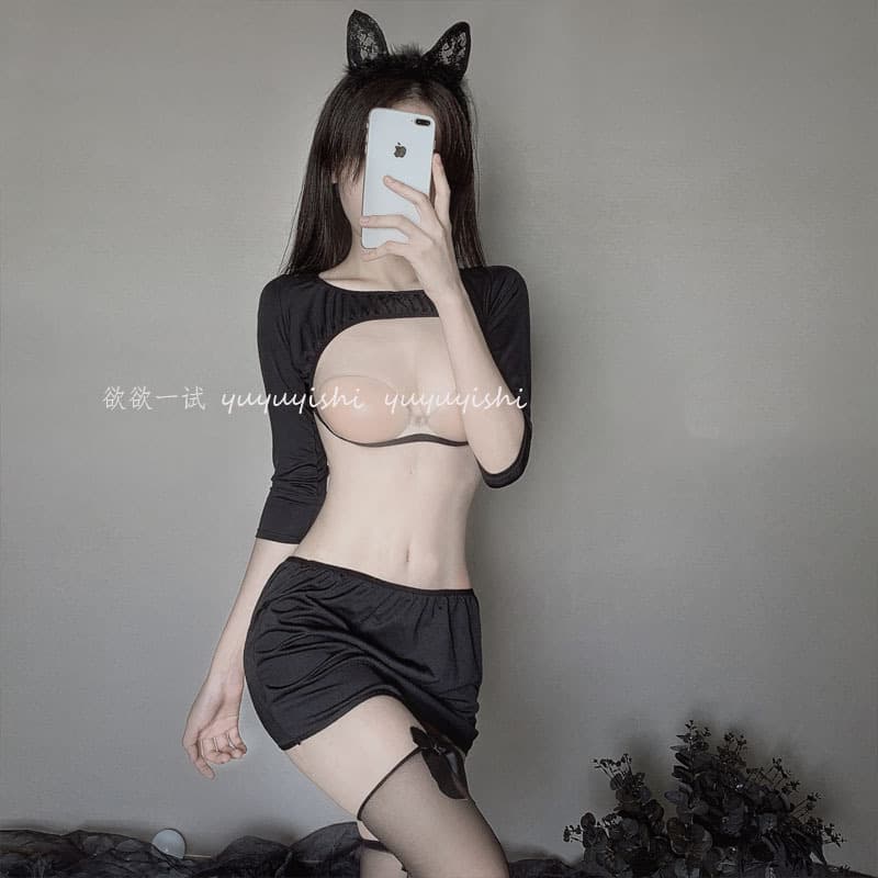 Sexy Lingerie See-Through Open Crotch Non-Removable Tight Bodycon Skirt Short Skirt Set Bodysuit