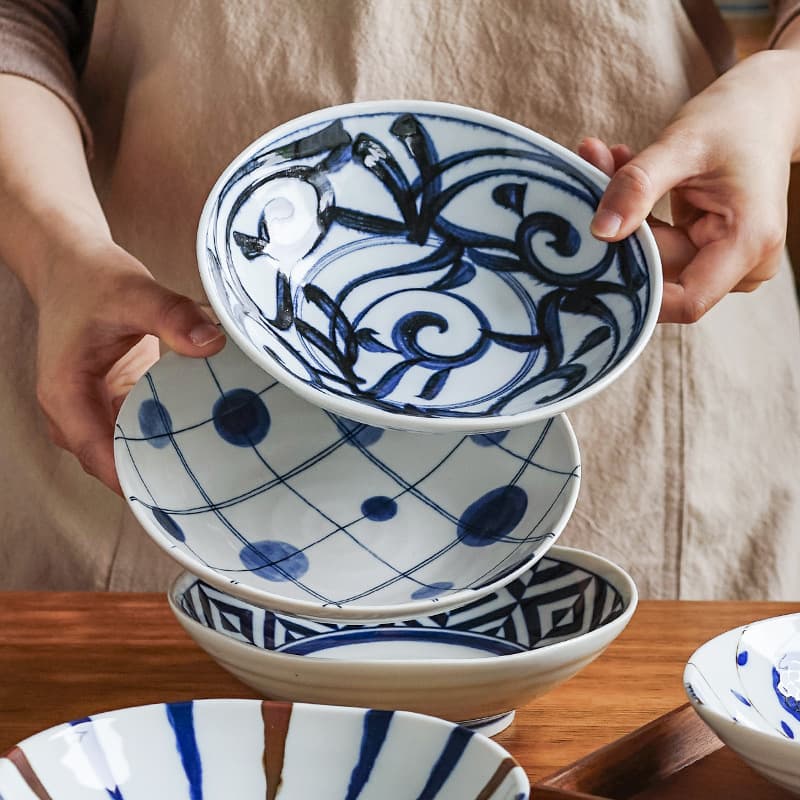 Retro Japanese Sanfeng Blue And White Underglaze Ceramic Soup Bowl Deep Multi-purpose Plate Small Dish Home Use Dining Set