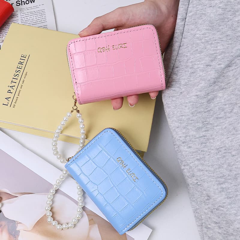 New Export Style Solid Color Minimalist Korean Fashion Crocodile Texture Pearl Chain Card Holder Premium Women's Short Wallet