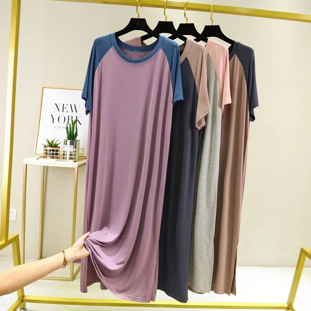 Modal Women's Summer Loose Sleep Dress Plus Size Round Neck Color Block Short Sleeve Dress Thin Layered Split Long Dress