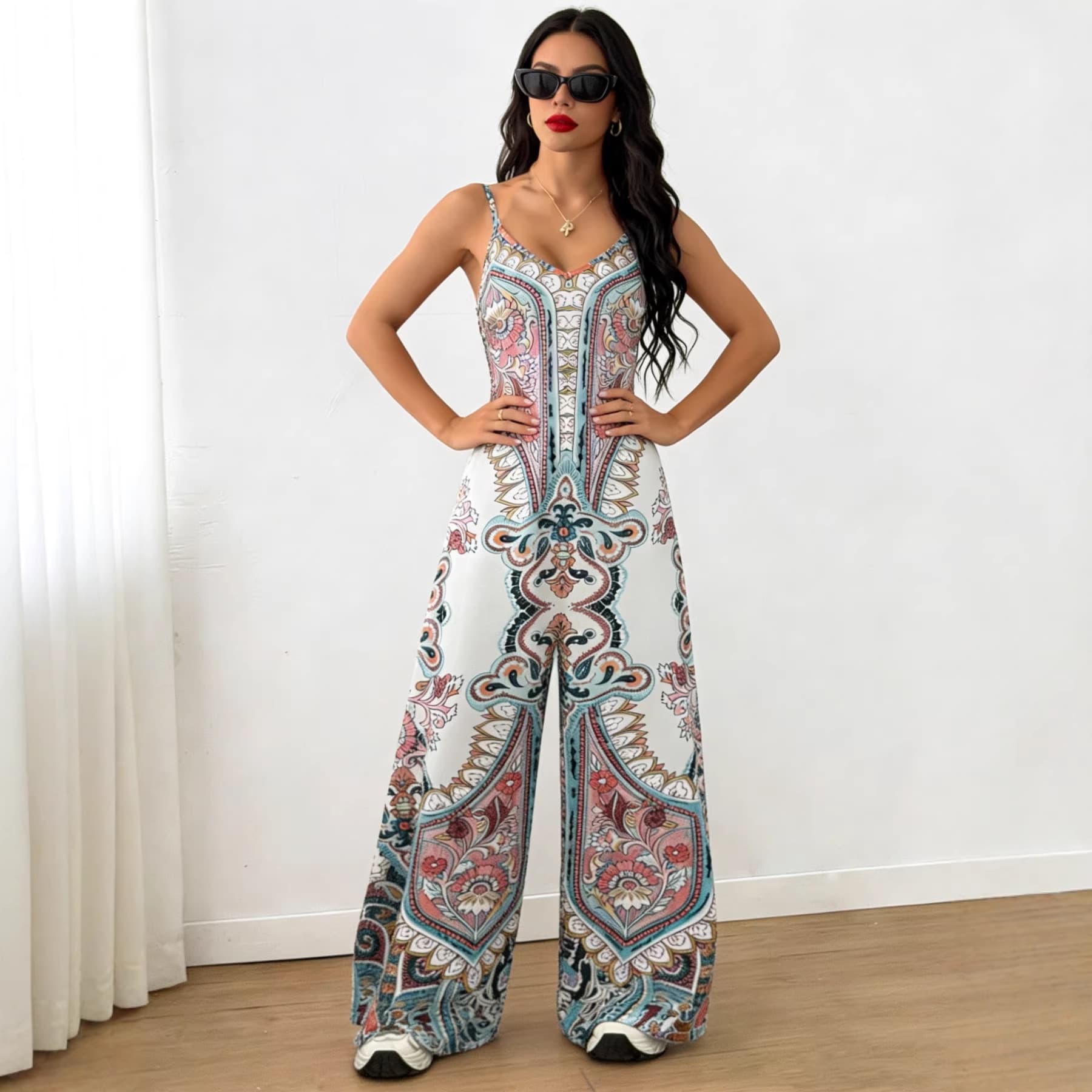 2026 European and American Cross-Border New Women's Printed Summer Fashion Casual Versatile V-Neck Camisole Jumpsuit with Wide Legs