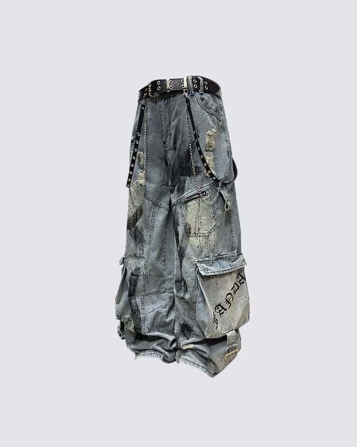 Patchwork Deconstructed Cargo Denim Jeans for Men Multi-Pocket Distressed Wide Leg