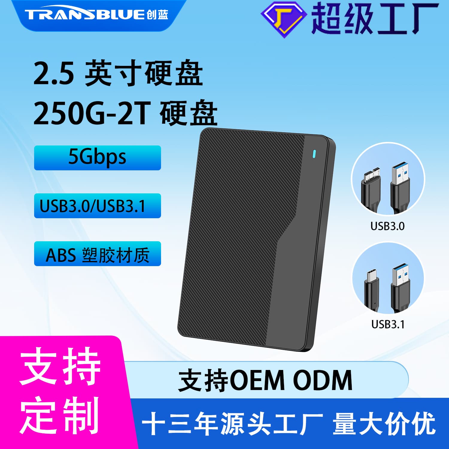 2TB portable hard drive with USB 3.0/USB 3.1 interface, 2.5-inch external mechanical hard drive, source factory.