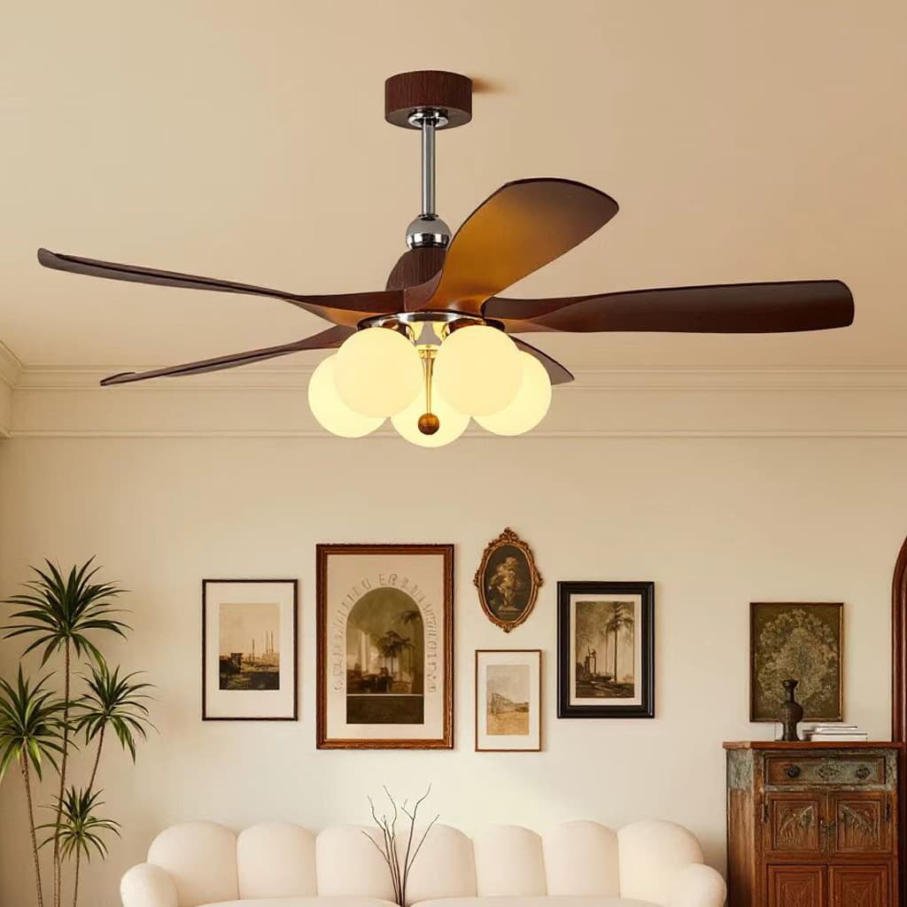 Mid-Century Living Room Ceiling Fan Light, Walnut Color, Retro Creative Dining Room Fan Light, Bedroom Eye-Protective Flower-Shaped Fan Light