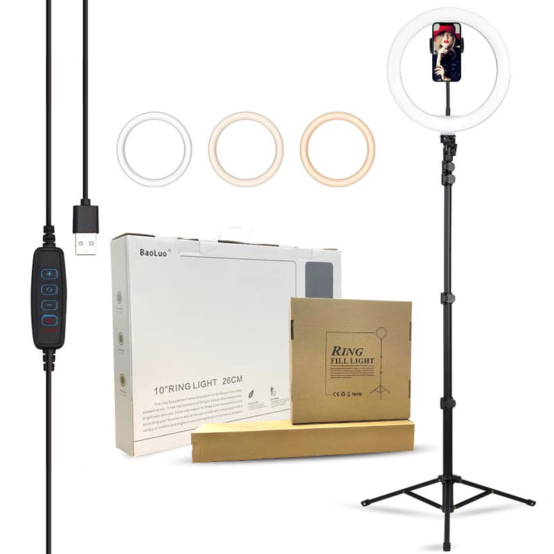 HQ-10-inch Ring Light Set for Beauty Live Makeup Fill Light, Selfie Photography Three-Color Soft Light Live Lamp