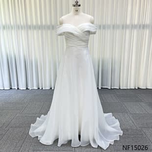 French Ethereal One-Shoulder Organza Wedding Dress, Cross Pleated Bodice with Ruffled Train for Outdoor Light Wedding