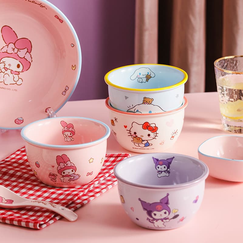 New Sanrio Ceramic Bowl for Home Use - Rice Bowl, Soup Bowl, Hello Kitty, Kuromi, Cute Kids Tableware