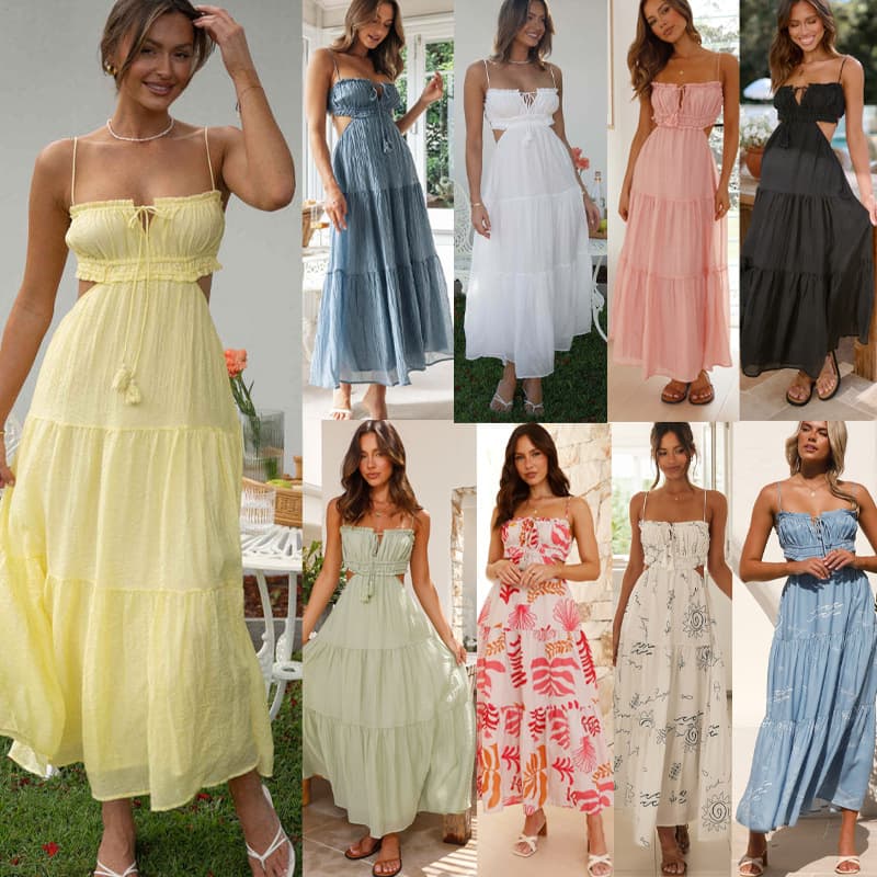 In-Stock New Model Amazon Cross-Border European and American Style Elegant and Gentle Solid Color Spaghetti Strap Dress with a Fairy-Like Vibe