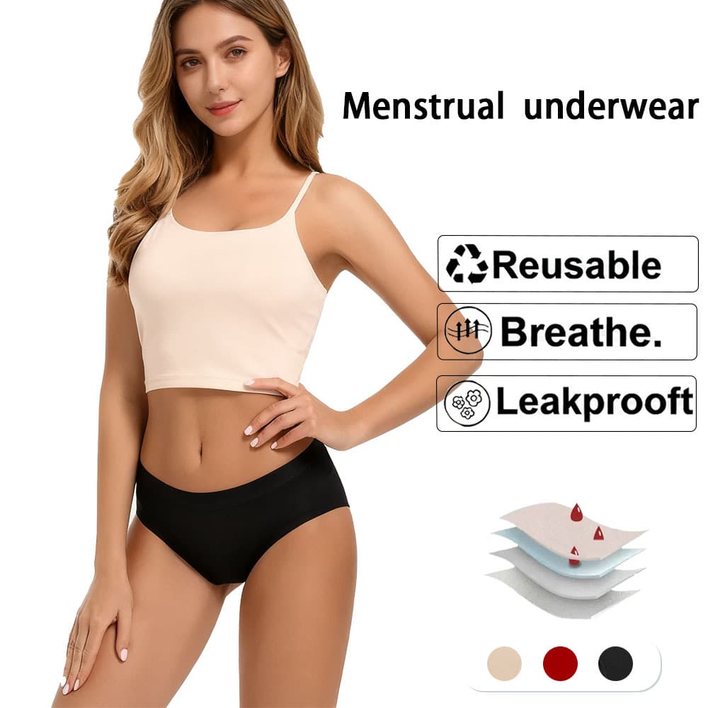 Plus-size sexy multi-color four-layer menstrual panties for women with high absorbency, breathability, and leak protection.