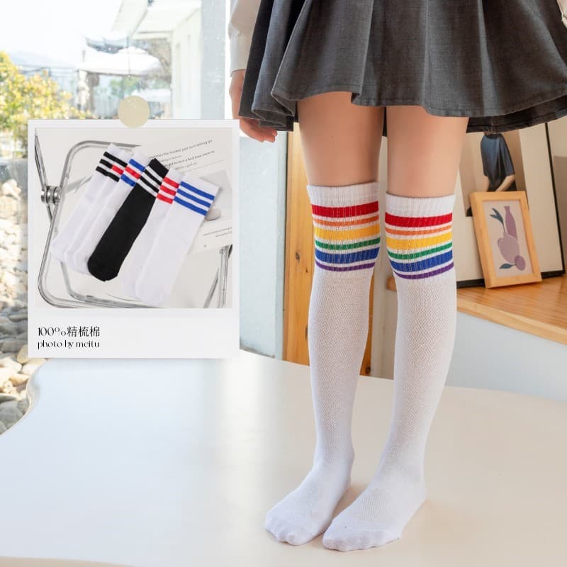 Children's Knee-High Socks Summer Thin Girls Cotton Mid-Calf Socks Student Over-the-Knee Semi-High Tube Soccer Long Socks