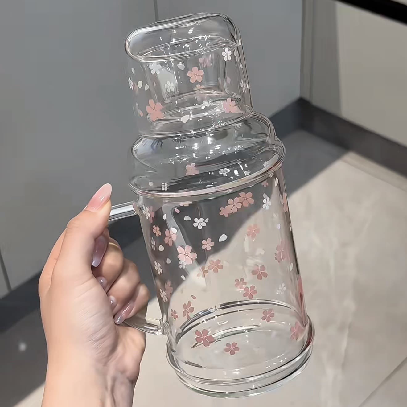 Ins Style Insulated Kettle High Appearance Cherry Blossom Glass Cold Water Pitcher Heat-Resistant Large Capacity Household with Lid Teapot Set