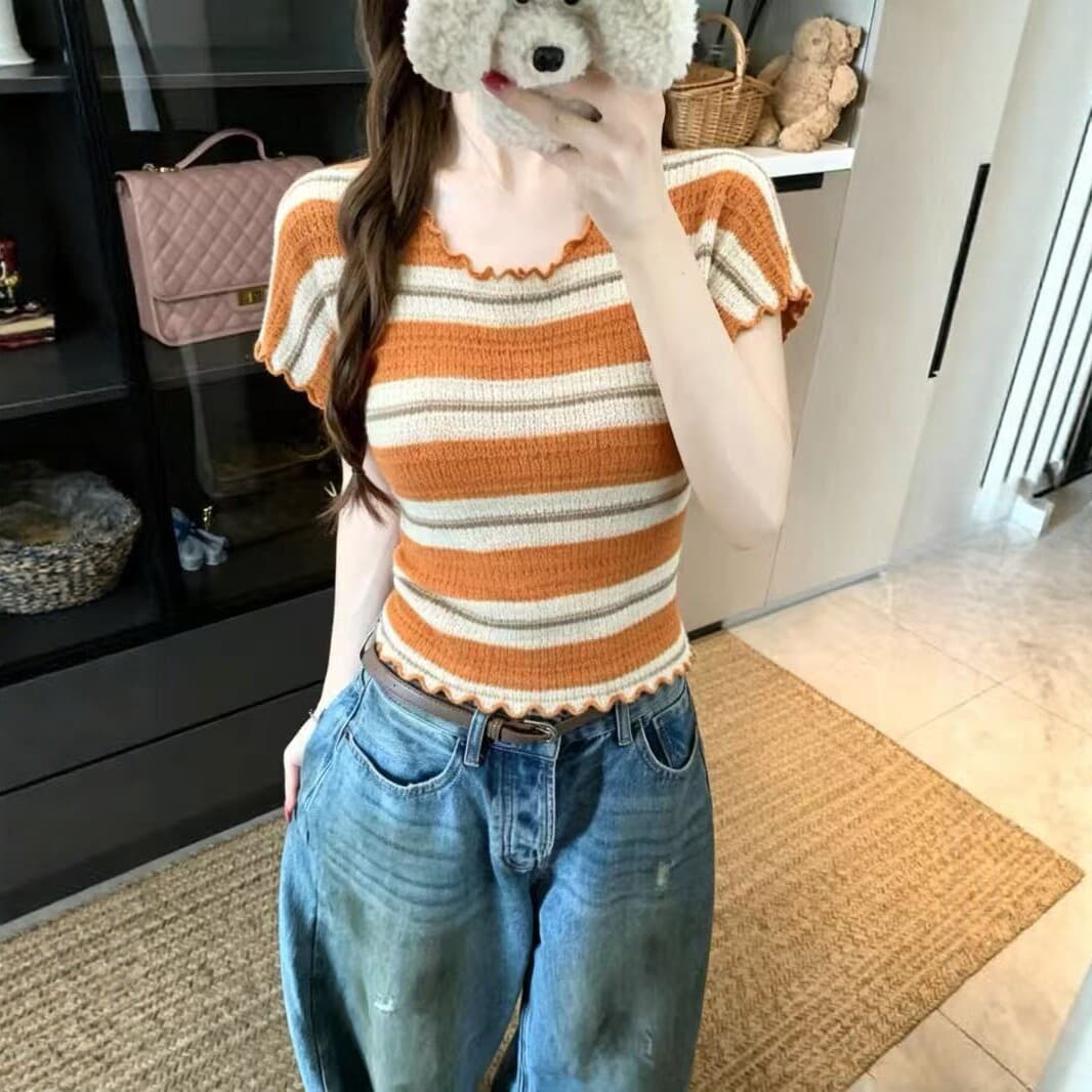 Striped Knit Short Sleeve Top Women Summer Slim Fit Cropped Design Sense Top Gentle Style Versatile Fashion T-Shirt