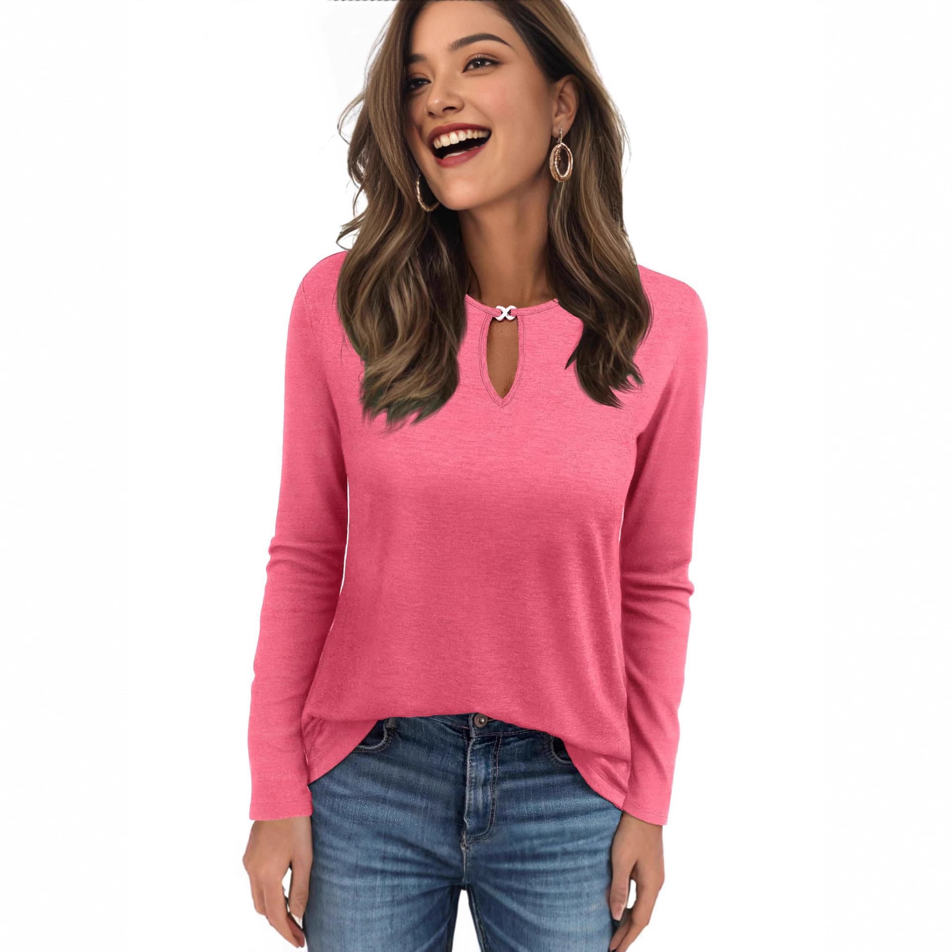 Women's Long Sleeve T-Shirt Blouse Fashion Casual Work Autumn New Top Keyhole Shirt for Amazon Cross-Border EU/US