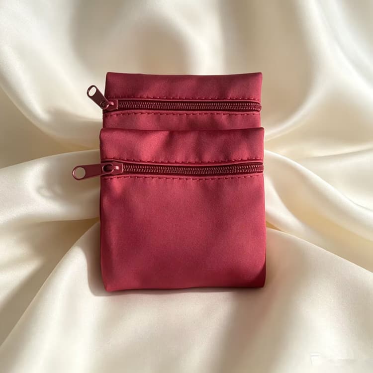 Wine Red Zipper Pouch Double-Layer Satin Jewelry Organizer Bag Custom Logo Gift Pouch