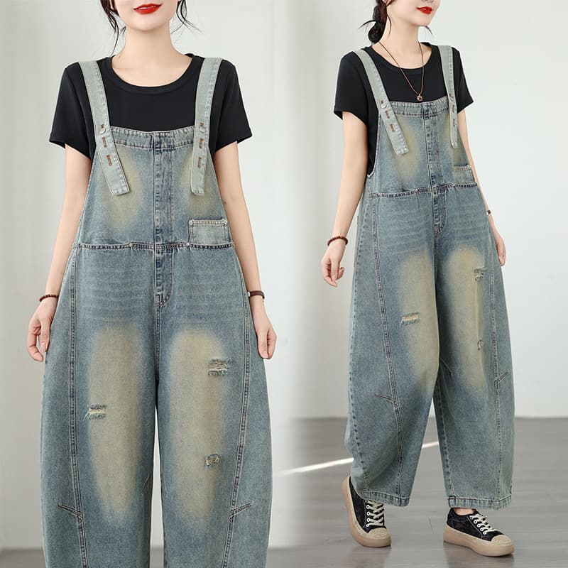 Early Spring New Style Artistic Plus Size Vintage Ripped Denim Overalls Cropped Suspenders