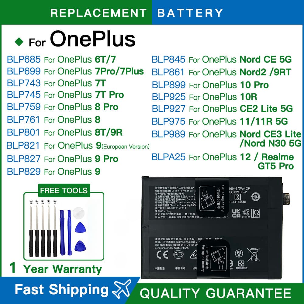 Battery replacement suitable for One Plus 12 11 10 Pro 98 7 6 8T 7T 9R 10R CE