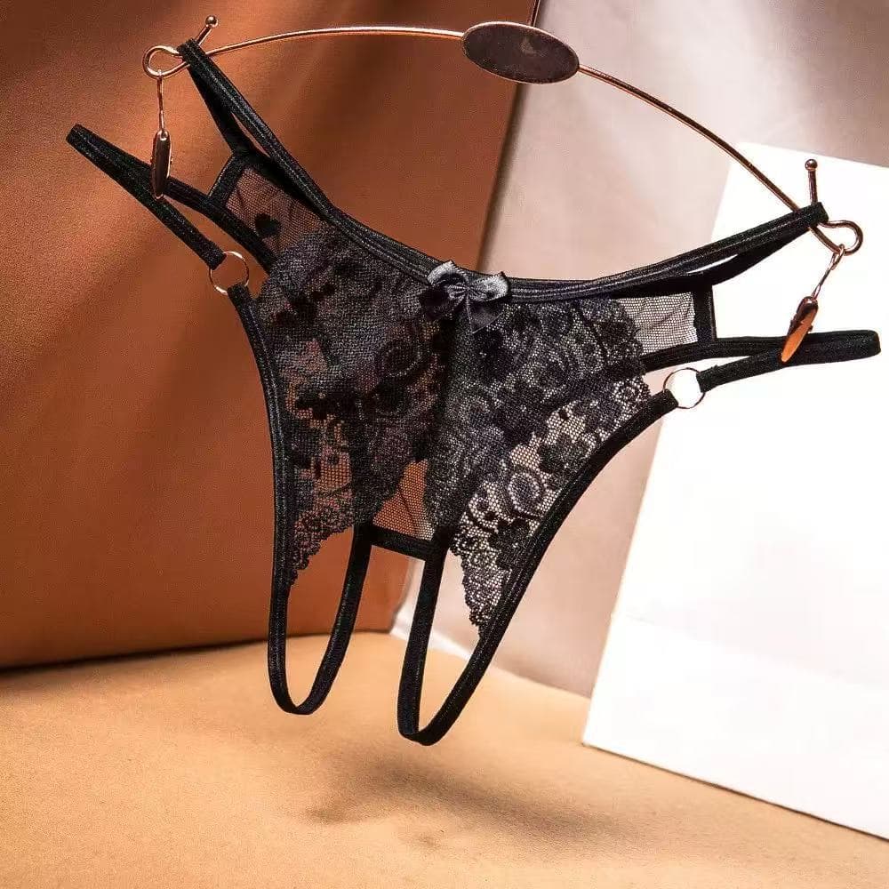 Sexy Open-Crotch Lace Sheer Thong with Metal Ring, Tear-Away No-Need-to-Remove, Bedroom Temptation Flirting G-String
