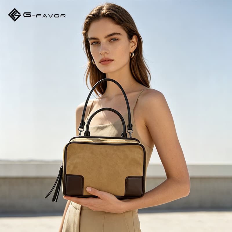 French Suede and Cowhide Handbag, Maillard Style Crossbody Bag, Large Capacity Genuine Leather Bowling Bag, New Women's Bag