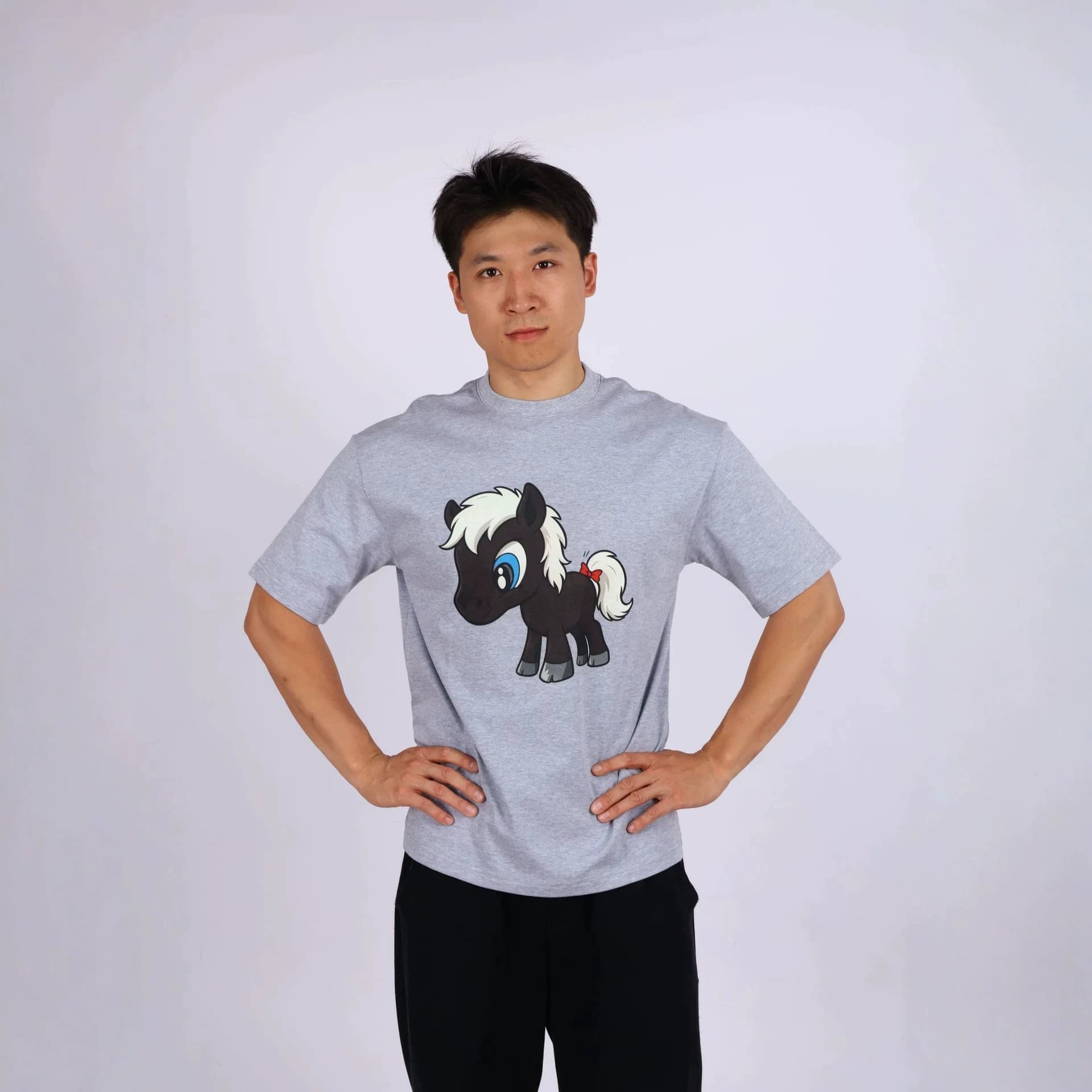 American Retro Cartoon Little Black Horse Print Short Sleeve Gray Casual T-Shirt Pure Cotton Unisex Ins Style Tee