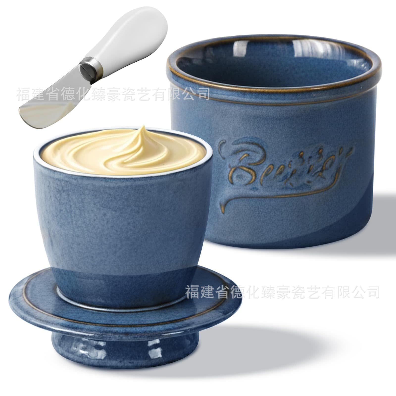 Cross-border Klein blue ceramic butter jar set embossed LOGO household cheese oil dish with lid retro kitchen meal