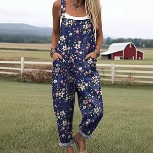 Vintage Garden Floral 3D Digital Print Suspenders Pants Loose Wide Leg Casual Overalls Jumpsuit European and American