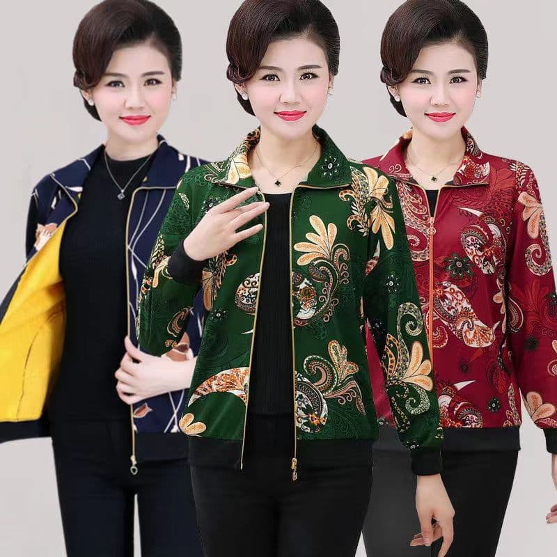 Mature women's patterned jacket, fleece-lined plus-size zipper top versatile mom's wear wholesale autumn hot style.