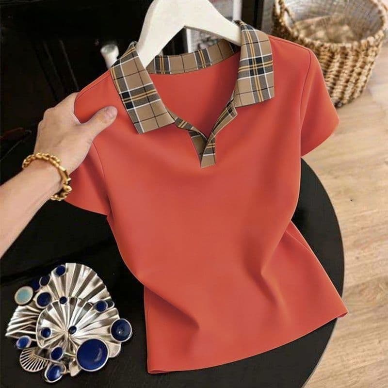 Mom's Summer Short-Sleeved T-Shirt for Women 2026 New Style Summer Fashionable Age-Reducing Loose Polo Shirt Patchwork Top Wholesale
