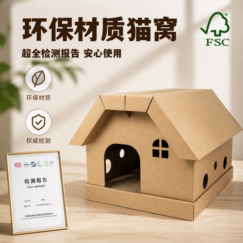 Large Corrugated Cardboard Cat House & Scratching Board, No Shedding, Foldable Cat Bed for All Seasons