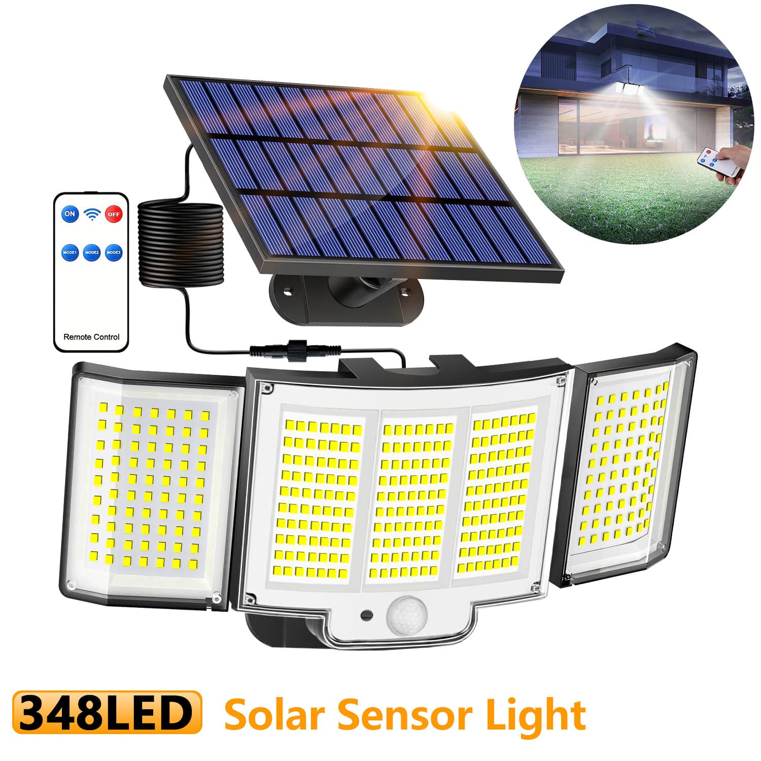 Cross-border Supply 348LED Solar Light Outdoor Garden Light Remote Control Split Body Motion Sensor Patio Outdoor Light