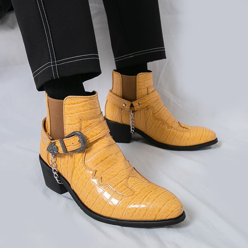 Cross-border Autumn Large Size Pointed Toe Leather Boots British Style Formal High Heel Casual Shoes High-top Leather Shoes Height-increasing Short Boots Men's Shoes