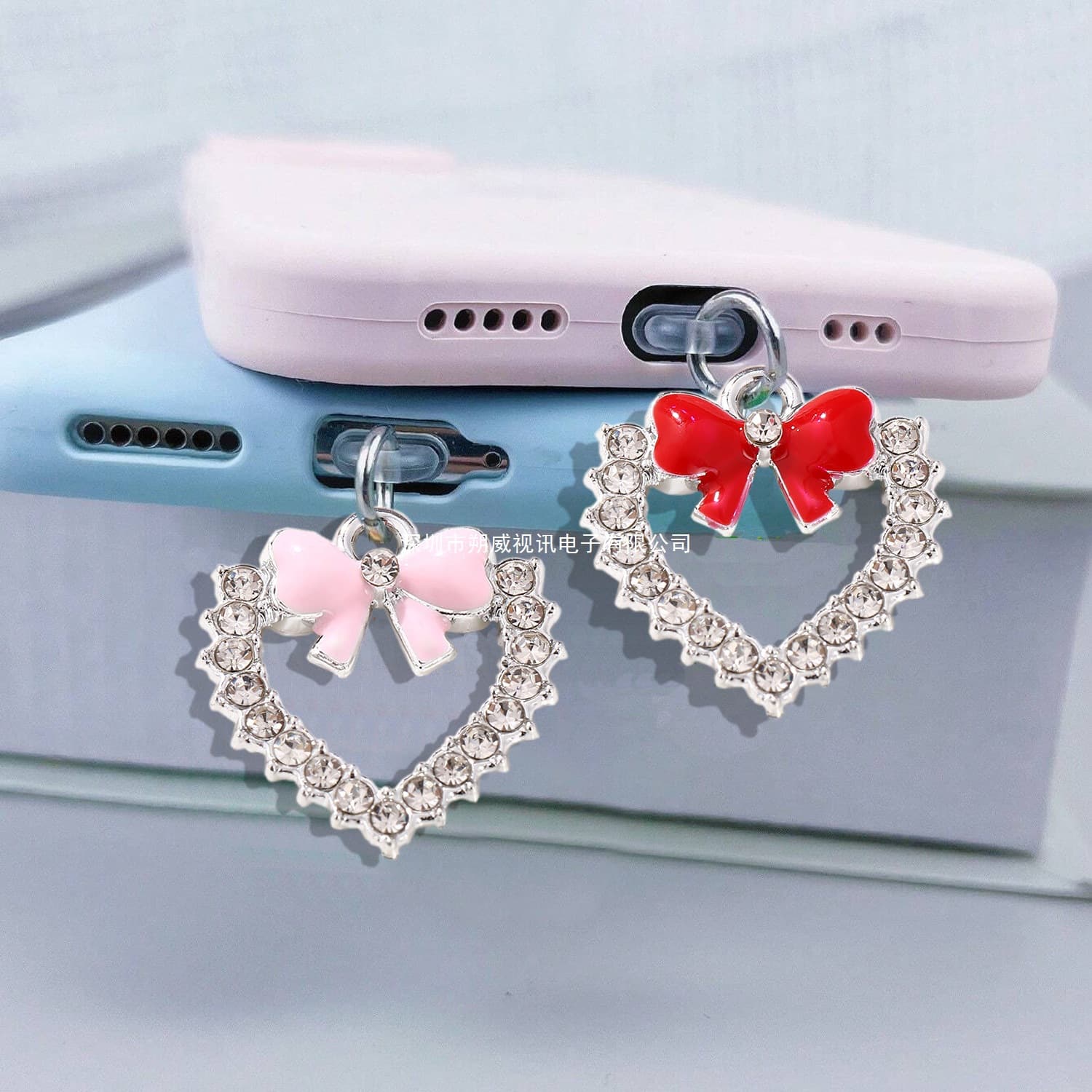 New hollow small bow dotted diamond heart mobile phone decoration accessories peach heart DIY pendant mobile phone dust plug