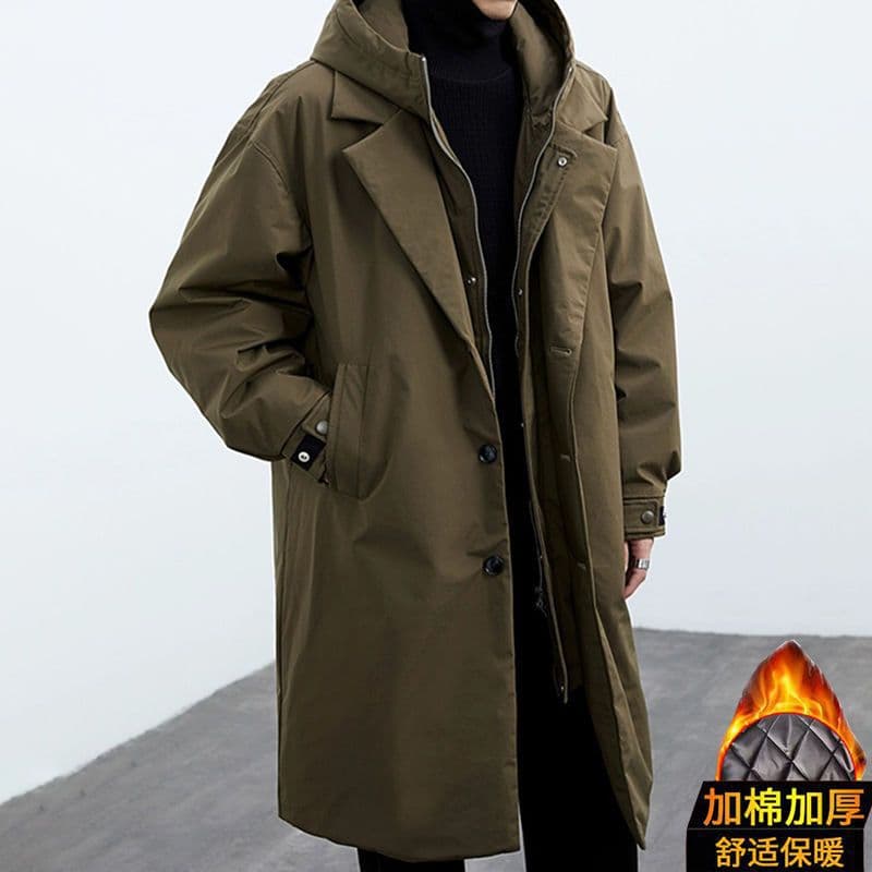 2025 Autumn/Winter New Korean Trendy Coat Jacket Men's Fake Two-Piece Hooded Mid-Length Windbreaker Parka Men