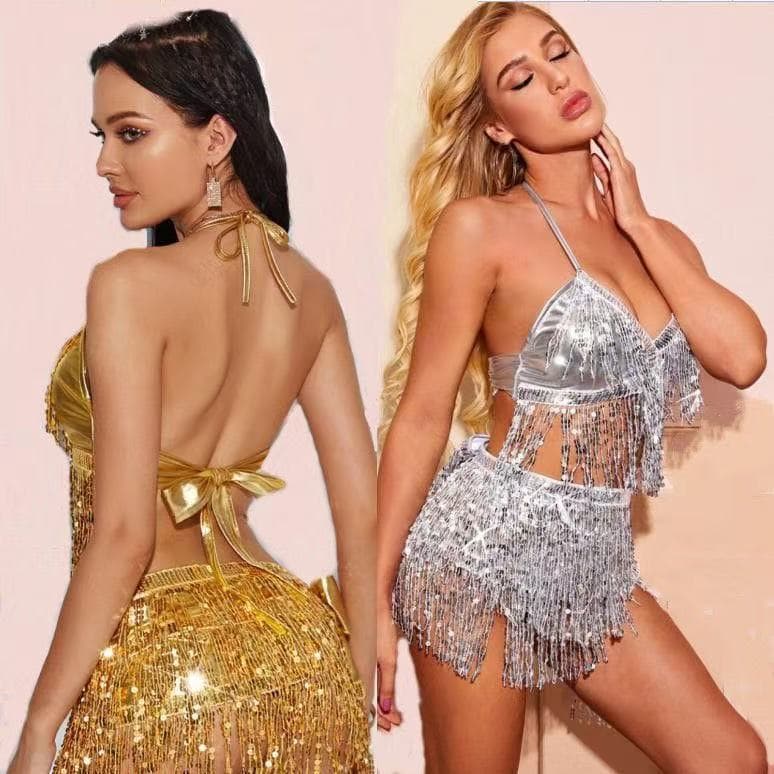 Belly dance sequin tassel set, DS performance costume, festival nightclub stage costume, waist chain tassel skirt, dance costume