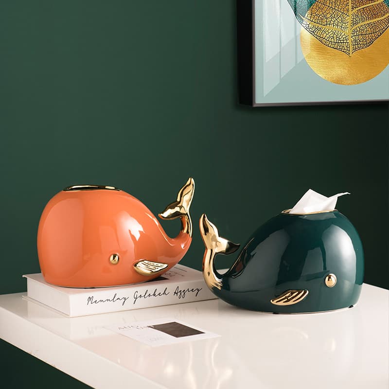 Modern Light Luxury Ceramic Whale Tissue Box Decorative Item for Dining Table, Bedroom, Nightstand, Coffee Table Creative Napkin Holder Ornament