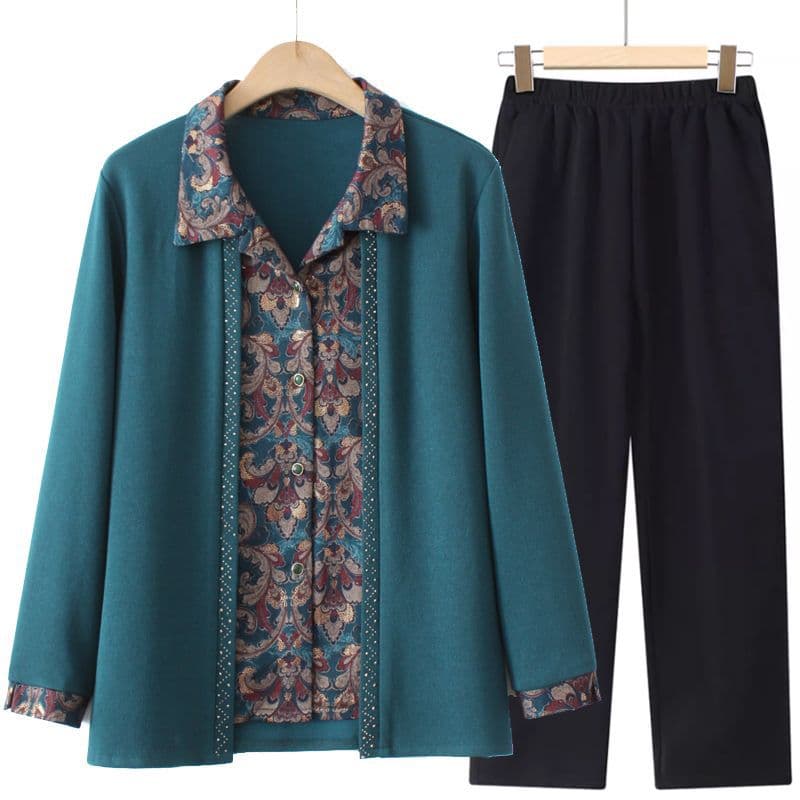 Grandma's Spring Outfit: Faux Two-Piece Shirt, Long-Sleeved, Senior Citizen Jacket, Loose-Fitting Top for Older Women and Mothers in Spring and Autumn