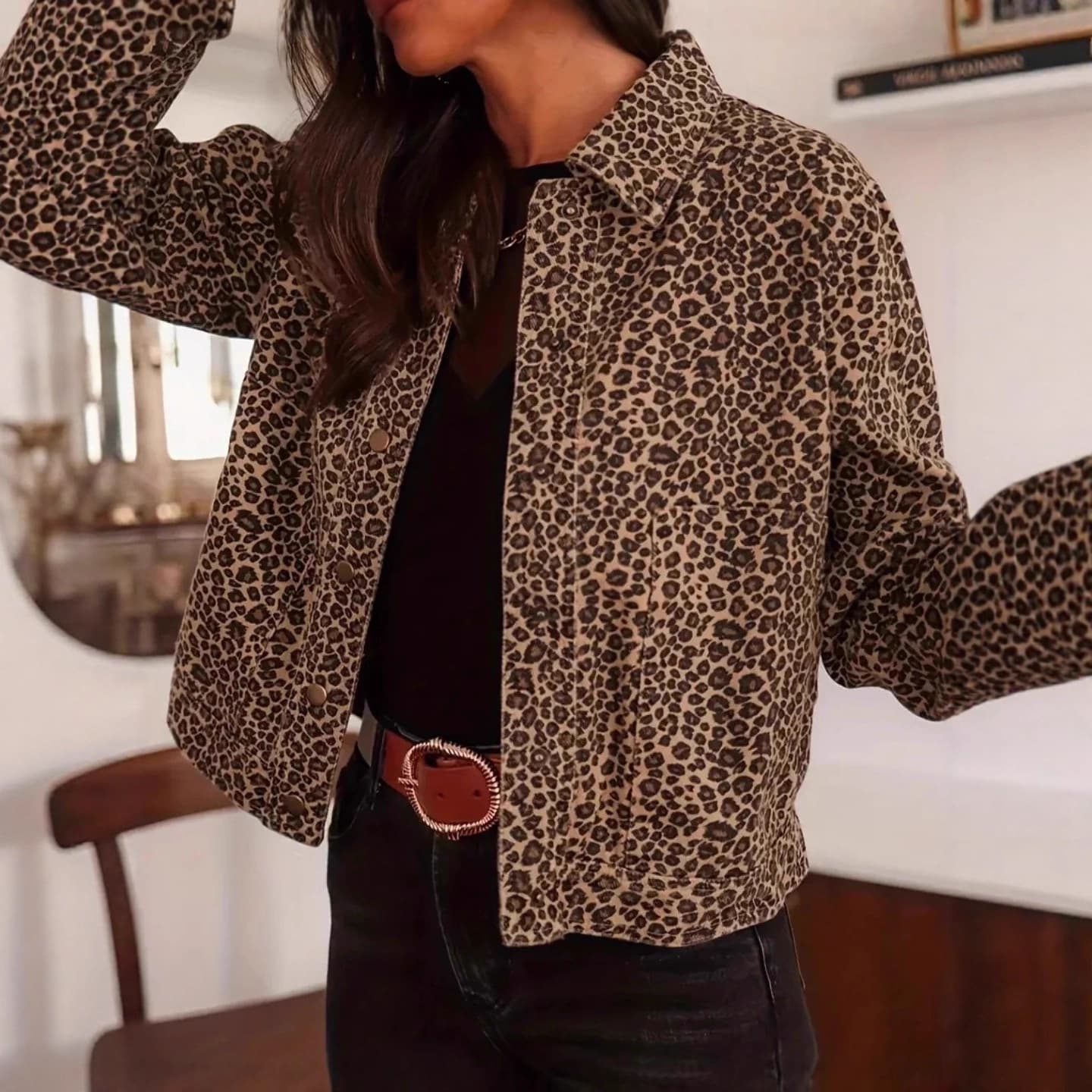 2026 Amazon European and American Cross-Border Autumn and Winter Casual Fashion Button Leopard Print Jacket Plus Size Women's Clothing