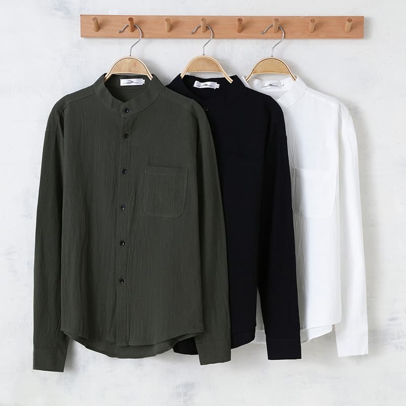 Linen Shirt Men's Long-sleeved Slim-fit Fashionable Cotton Linen Men's Collar Casual Collarless Japanese Style Vintage All-match Shirt