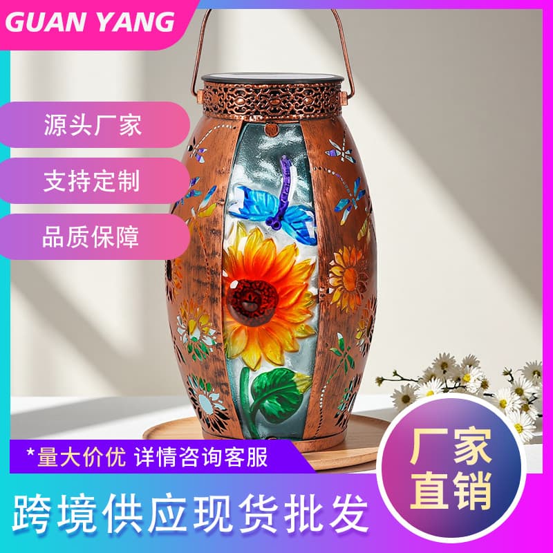 Factory direct sales cross-border solar dragonfly light and shadow iron art hollow glass wind lamp garden lawn decoration courtyard lamp