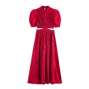 Cross-border European and American Women's Fashion AliExpress Bestseller Trendy Cut-out Waist Puff Sleeve Small Stand Collar Dress