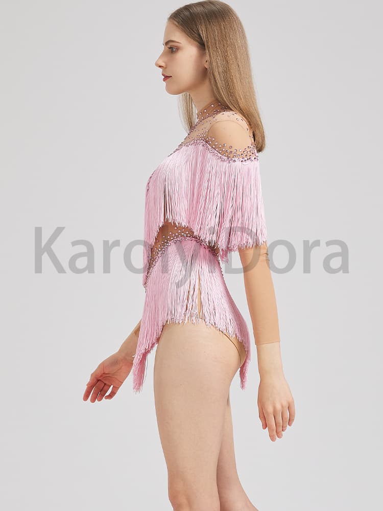Latin Dance Costume Rhinestone Fringe Bodysuit Pink Stage Performance Outfit Cross-Border Hot Girl Group Dance Wear