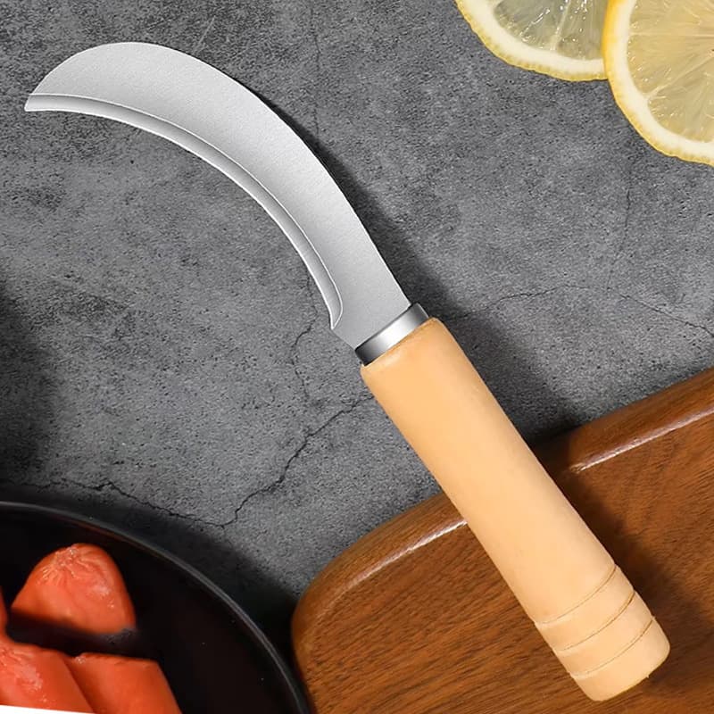Stainless Steel Wood Handle Curved Banana Fruit Knife Sharp Single Blade Pineapple Peeler Sausage Cutting Tool Home Kitchen Use