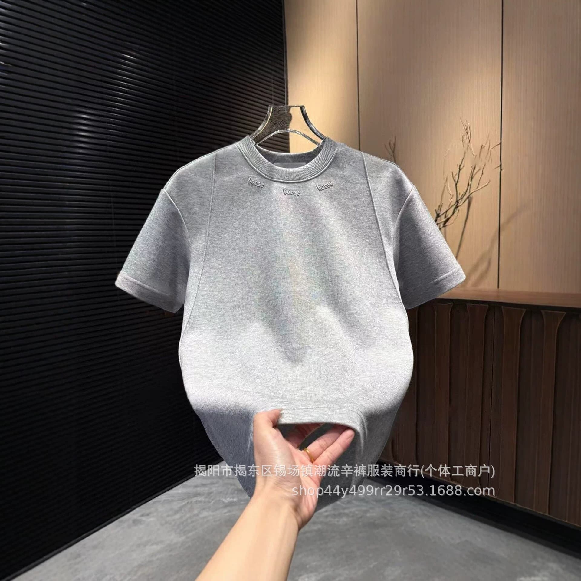 2026 New American Street Style Men's Round Neck Short Sleeve T-Shirt Solid Color Loose Fit Trendy Youth Casual