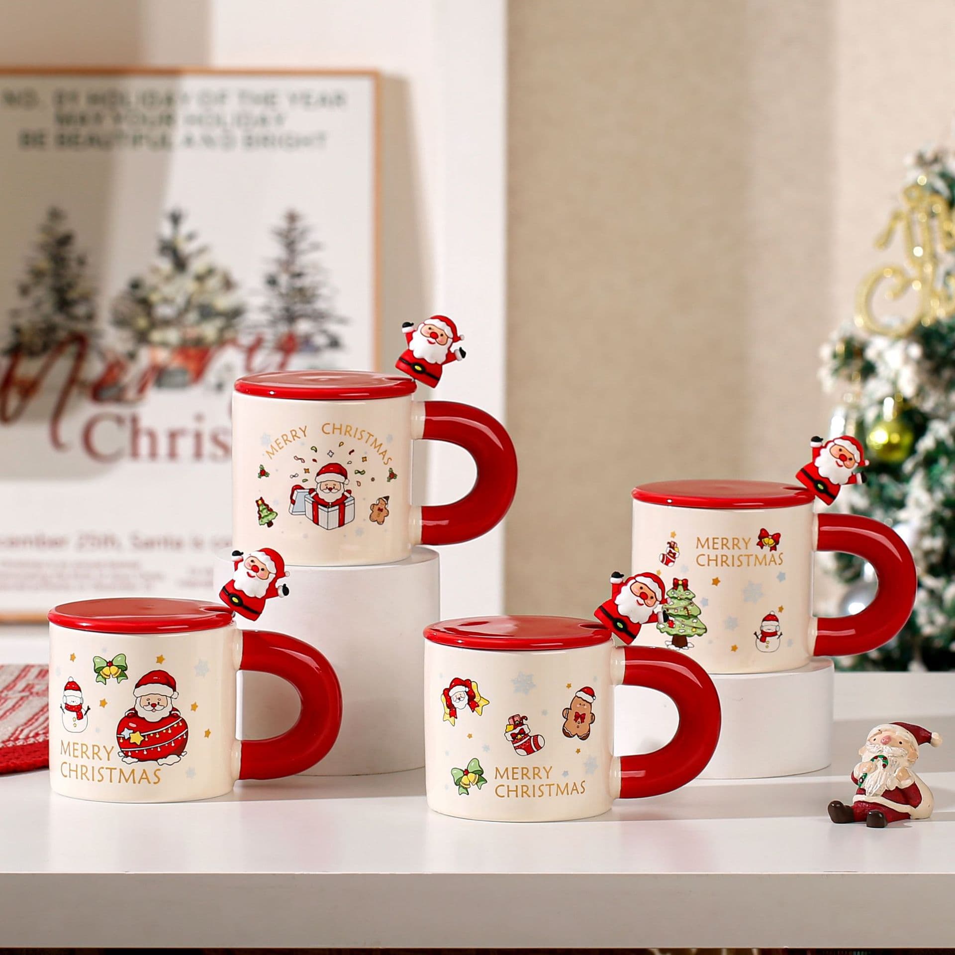Cartoon Christmas Ceramic Cup with Lid Spoon Mug Water Cup Coffee Cup Gift Souvenir Christmas Gift