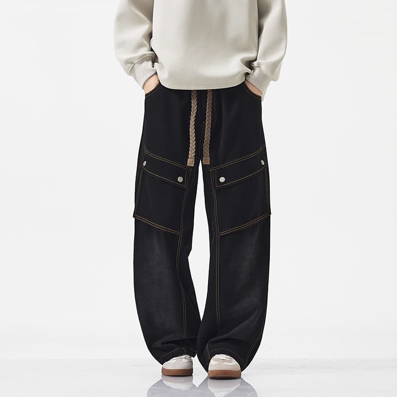 JYF-M8893 Plus Size American Retro Wide Leg Washed Denim Long Pants Men High-Street Straight Leg Loose Multi-Pocket Cargo